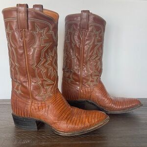 Tony Lama 8030 Teju Lizard Leather Men's Western Boots Size 9 Cognac Pointed Toe